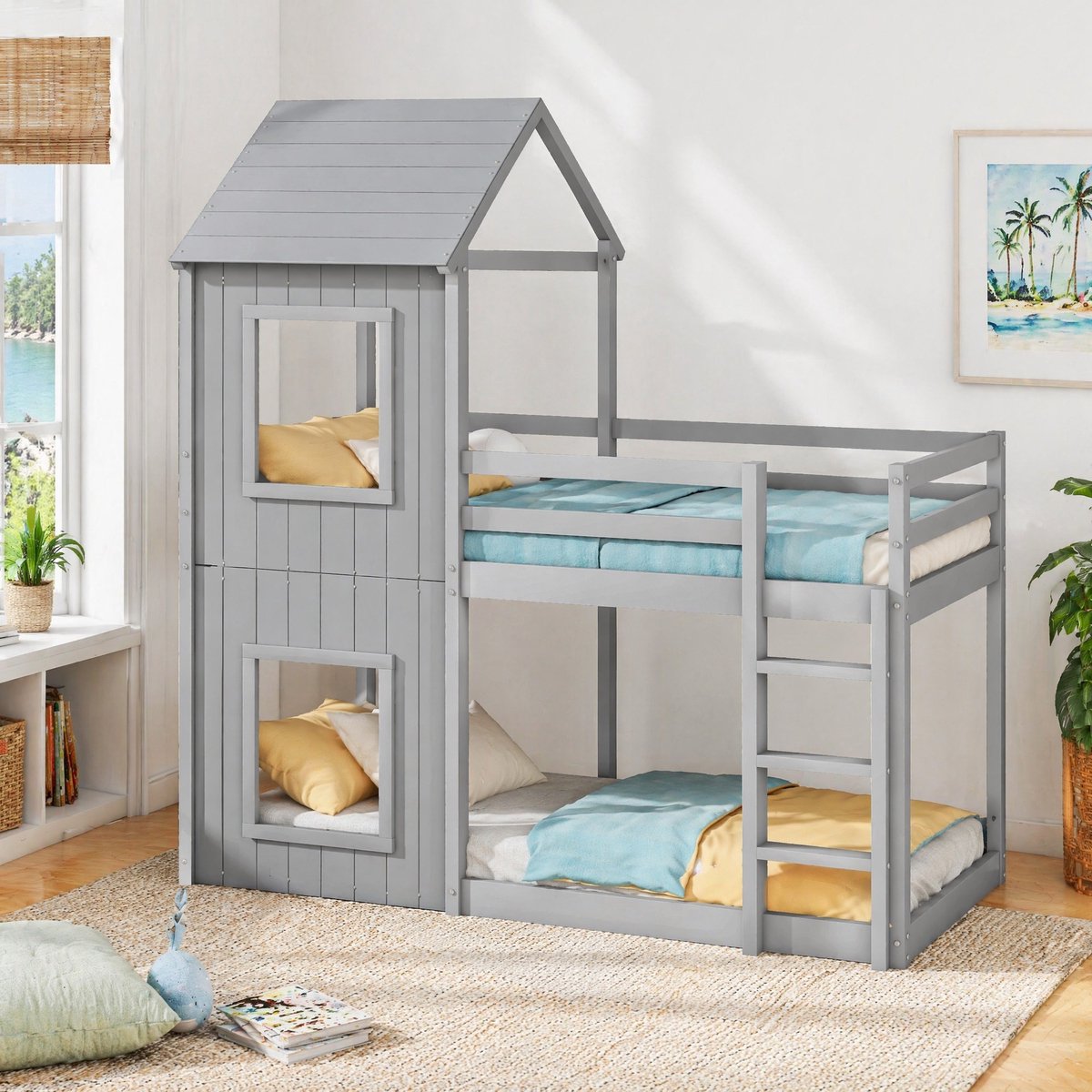 COVREO Stapelbed 90x200 cm - grijs, hout en MDF, met ladder, zonder matras