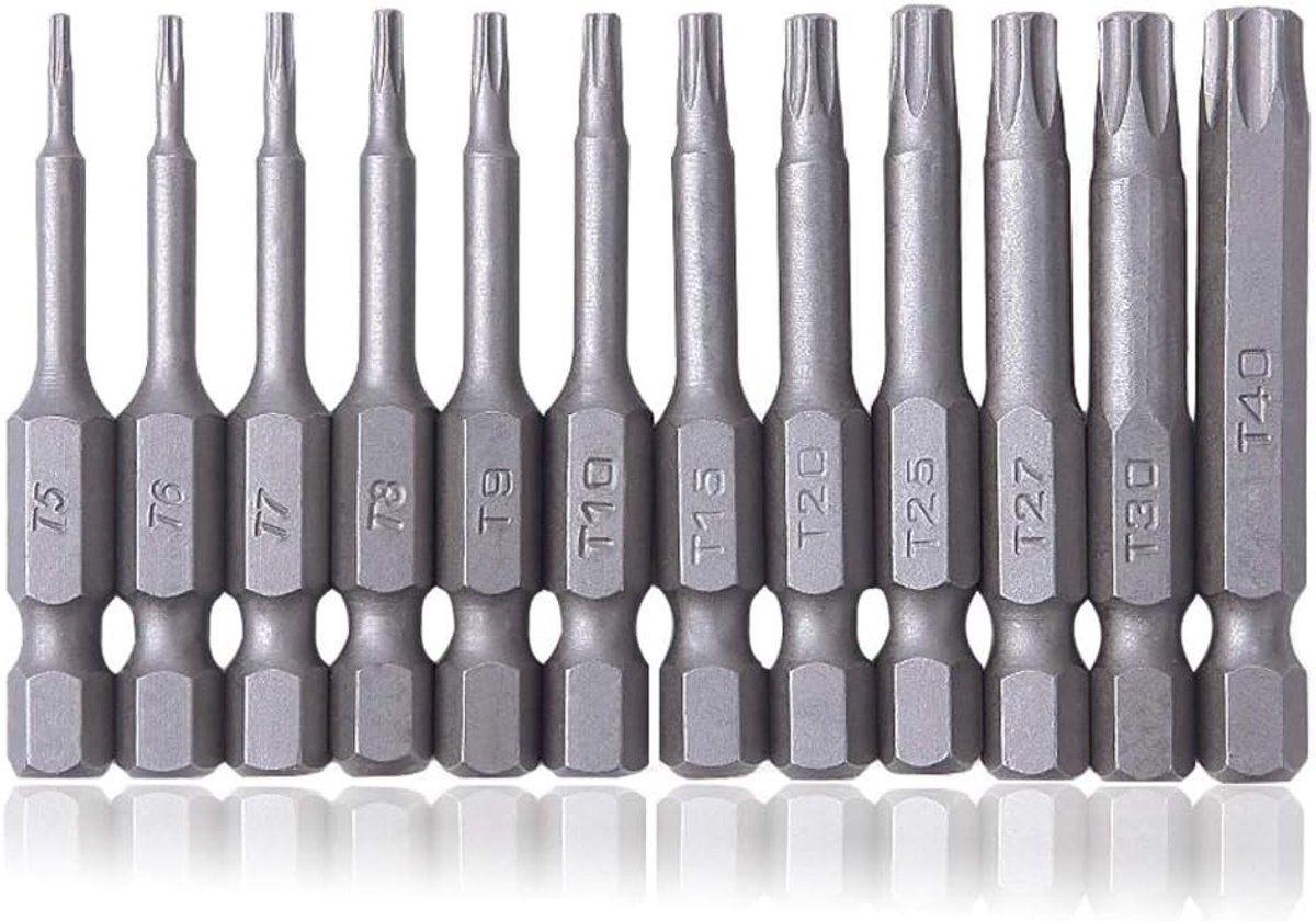 Torx Bits Set voor Schroevendraaiers T5-T40, Magnetisch, S2 Staal, 1/4 Inch Hex Shank, 50mm Lang, Precisie en Duurzaamheid