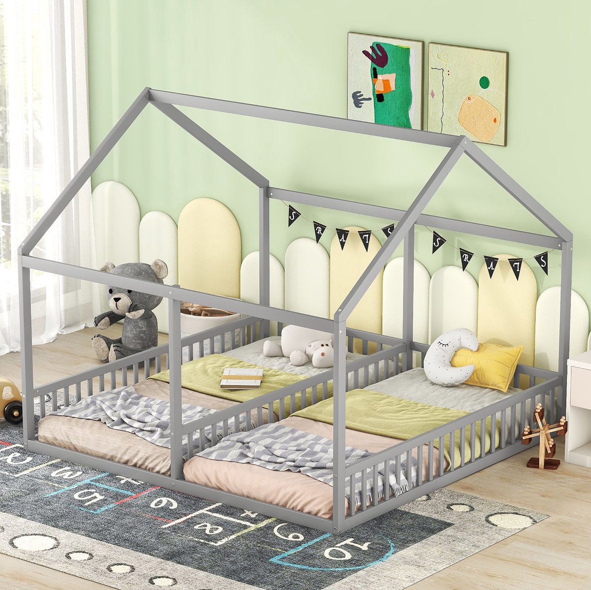 COVREO Bedframe 90x200 cm - grijs, houten huisbed met uitvalbeveiliging, zonder matras