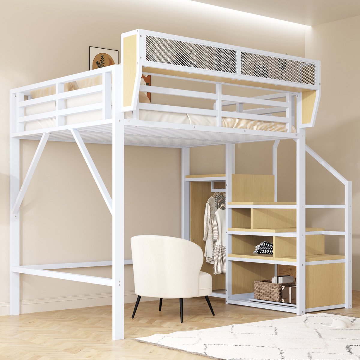COVREO Hoogslaper met ladder – 140x200 cm – Metalen bed met verstelbaar rek – voor kleine kamers – Wit - zonder matras