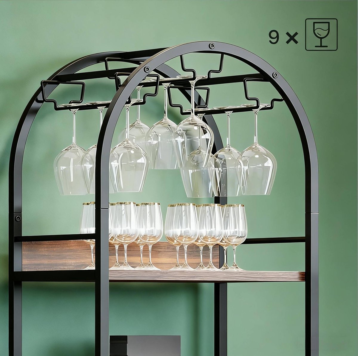 HAUSS SPOLE Wijnrek – 30 Flessen – 183 x 50 x 35 cm – Hout En Metaal – Zwart En Rustiek Bruin – Vrijstaand Met Glashouder En Werkblad
