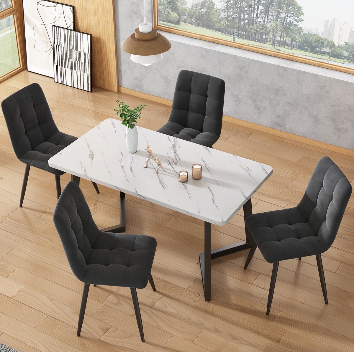 MEUNIQ set tafel en stoelen 117 x 68 cm met rechthoekige eettafel en 4 fluwelen stoelen, z
