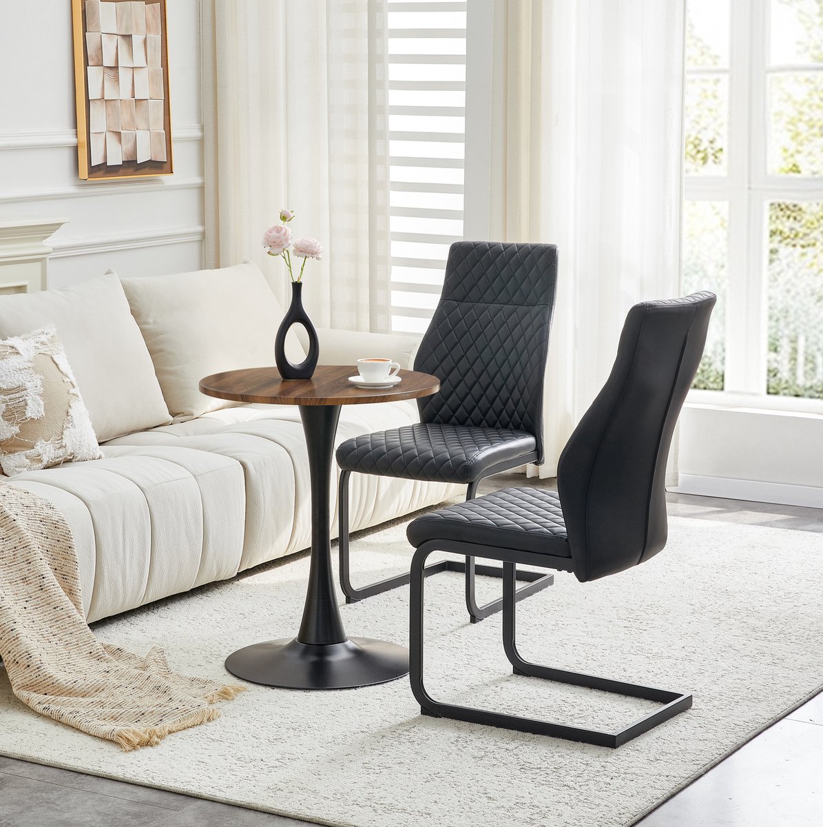 MEUNIQ set tafel en stoelen met ronde eettafel 60 cm en 2 eetkamerstoelen, MDF tafelblad,