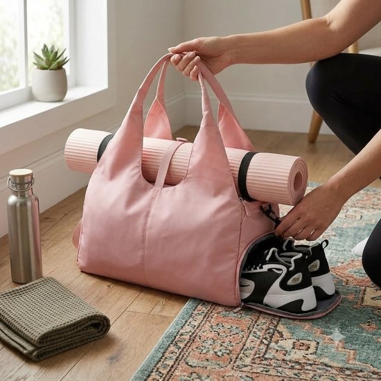 Roze sporttas dames en heren yoga tas fitness tas pilates tas weekendtas met schoenenvak grote capaciteit verstelbare schouderband draagtas voor sport en reizen — afbeelding 4