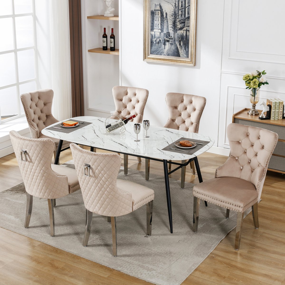 MEUNIQ Eetkamerstoel set van 6 - beige velvet, gestoffeerde zitting, metalen vierpoot, 150 kg, klassiek model voor eetkamer en woonkamer