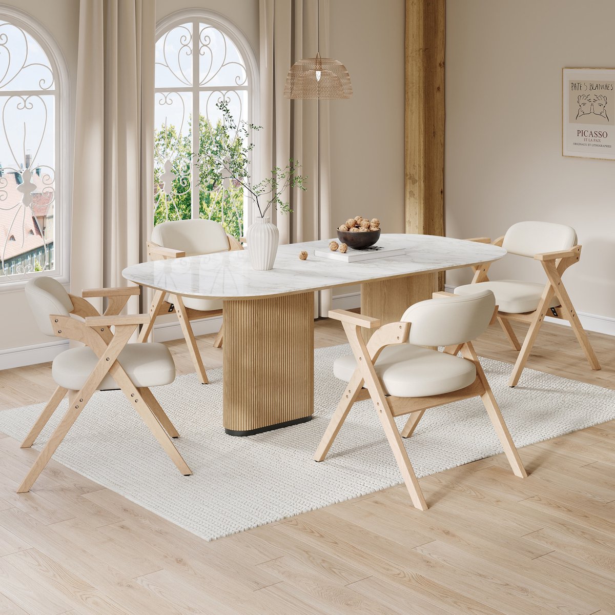 MEUNIQ 4-delige set klapbare eetkamerstoelen met armleuningen, linnen bekleding, massief houten frame, opvouwbaar voor eetkamer of woonkamer, beige