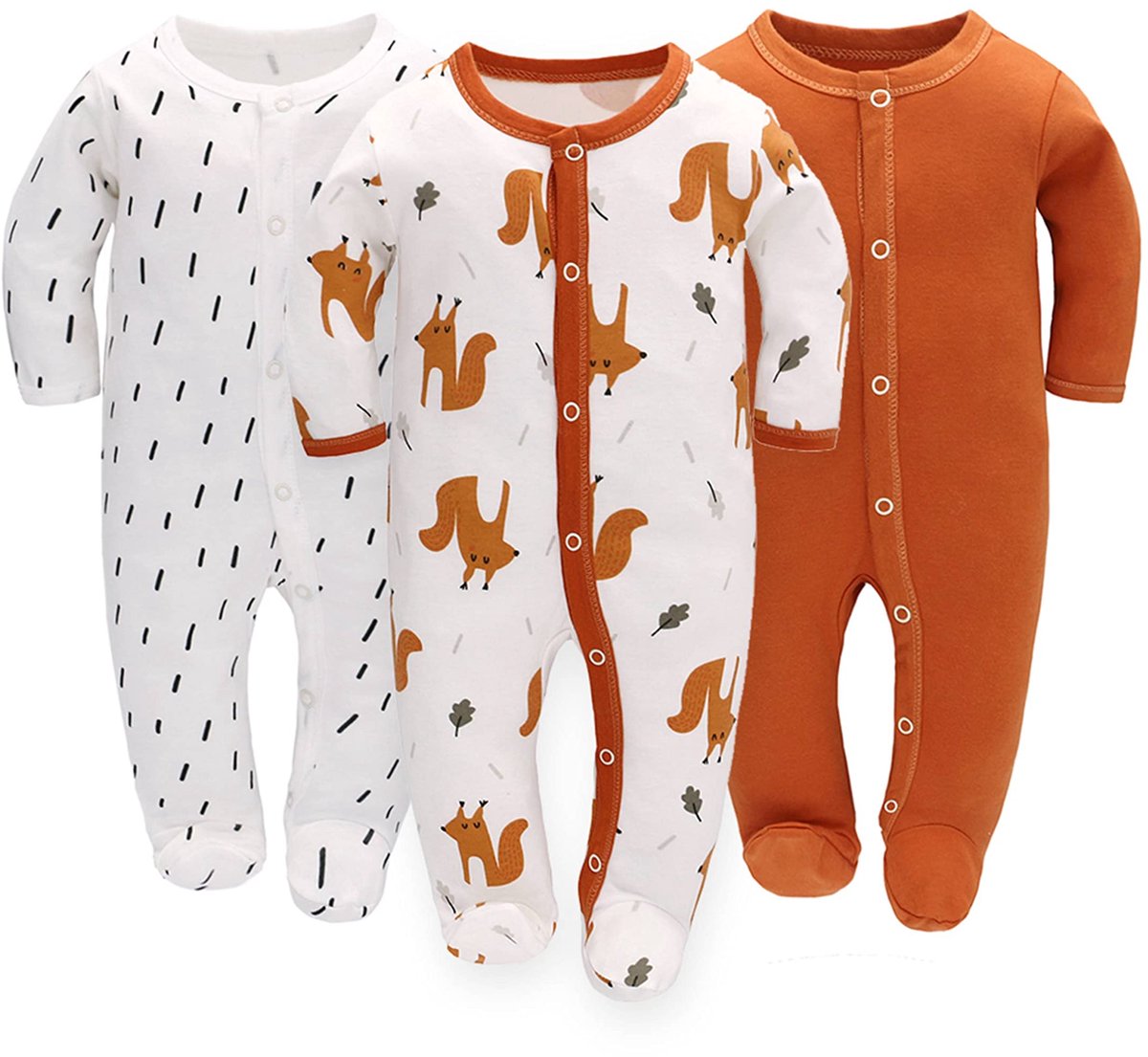SnelShoppen - Babypyjama's voor jongens, 3 stuks, uniseks, katoen, lange mouwen, 0-7 maanden, vos + regendruppels, maat 62, ideaal voor elke gelegenhe