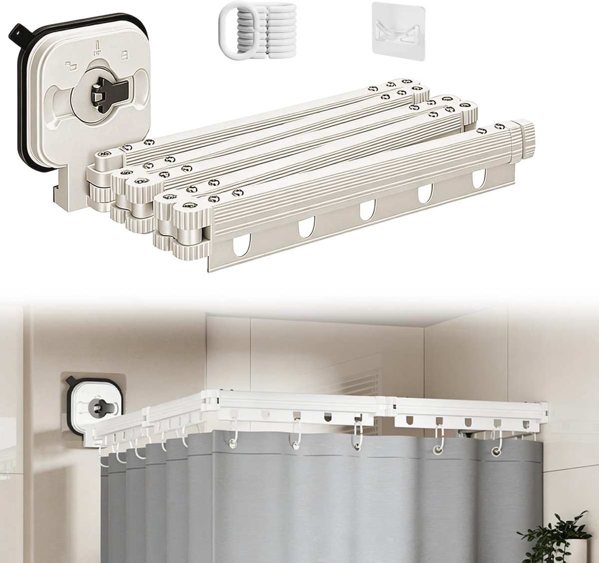 SnelShoppen - Opvouwbare Douchegordijnstang Zonder Boren, 5-delige Douchegordijnset (1,8 x 2 m) voor Badkamer, Kleedcabines - L/U-vorm/Rechtdoor, Flex