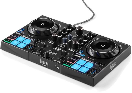 Zwarte Hercules DJ-controller met twee draaitafels, blauw- en groenverlichte knoppen en verchroomde knoppen.