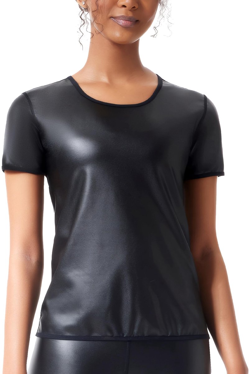 SnelShoppen - Kunstlederen damestop T-shirt korte mouwen latex wetlook voor rave outfit party club nacht XS-3XL zwart S