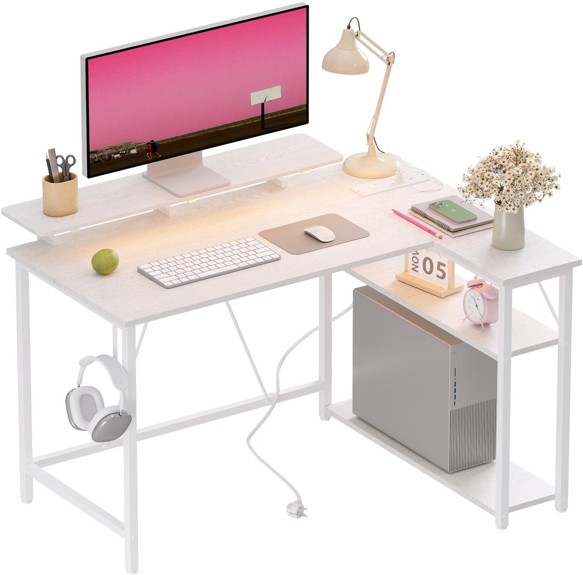 SnelShoppen - L-vormige gamingtafel met RGB-ledverlichting, stopcontacten, verstelbare planken, hoekbureau voor werkstations, 100 x 80 cm, wit, comput