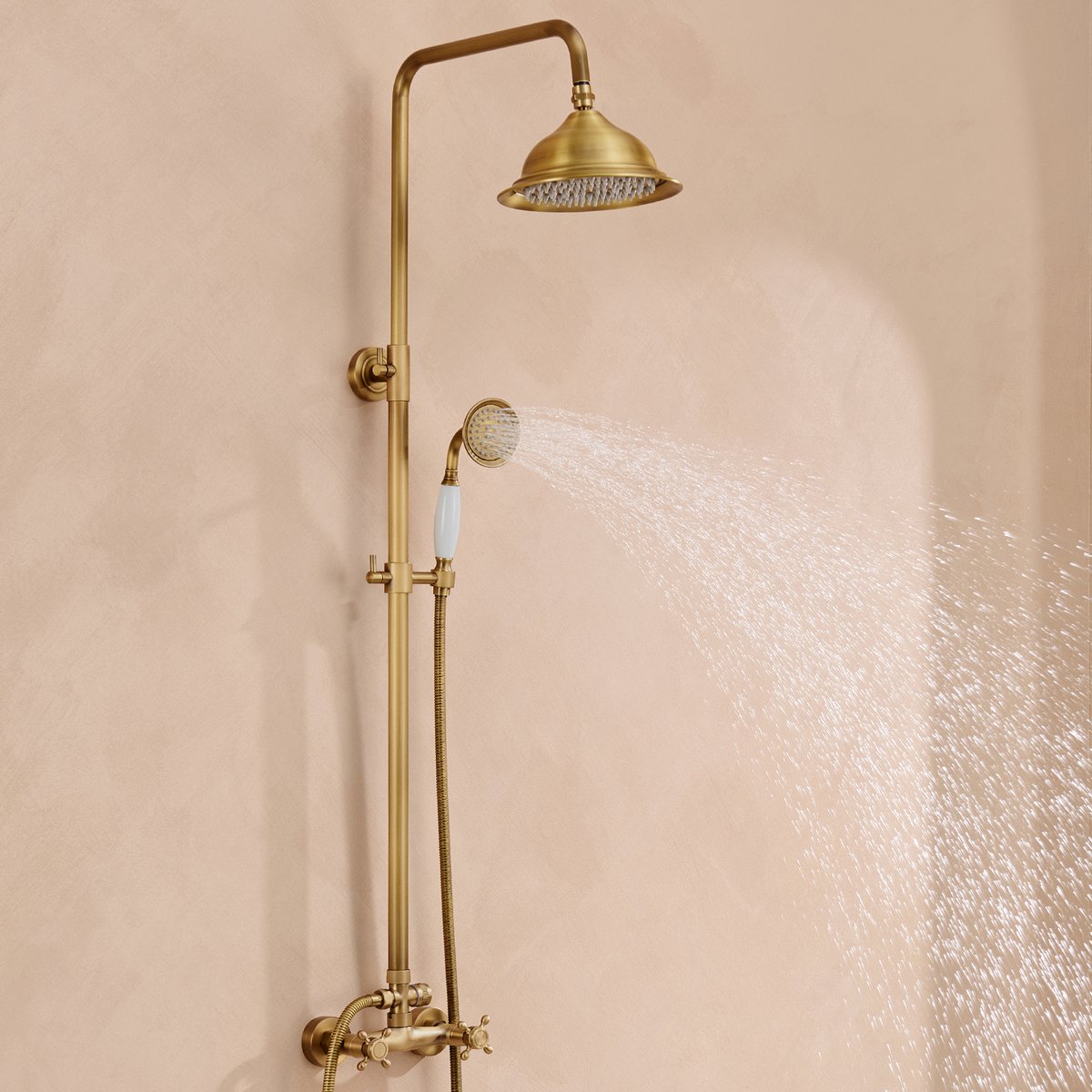 Auralum Max Doucheset Opbouw Compleet - Regendouche Rond Ø 20 cm - Design Douchesysteem - Met handdouche - Retro stijl - Antiek/Messing - Waterbesparend - Goud