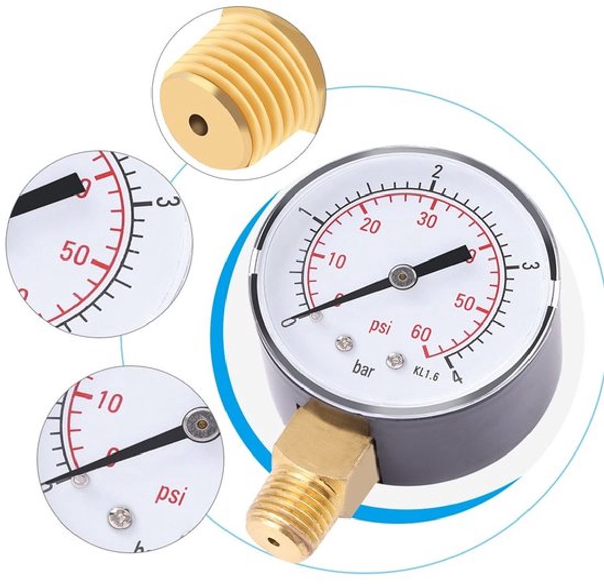 Manometer met dubbele schaal - Drukmeter 0-4 bar/0-60 psi - Geschikt voor lucht/water/olie - Draagbaar - Diameter 50 mm