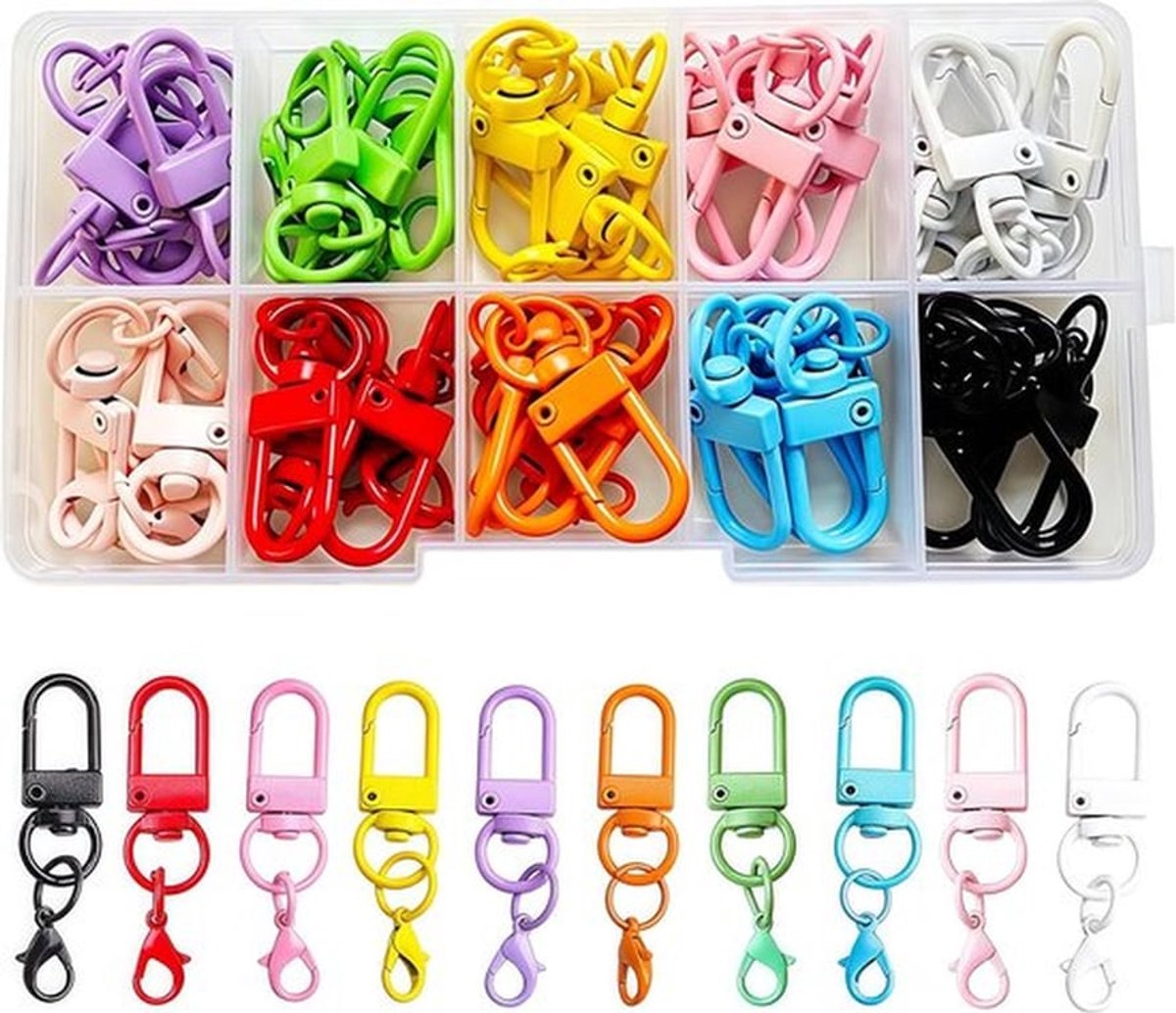 Thijox - 40 Kleurige Karabijnhaakjes, Sleutelhanger-Bedeltjes, Draaibare Metalen Clips, 10 Kleuren, Ideaal voor DIY, Sleutels, Hangende Speelgoed, Inc