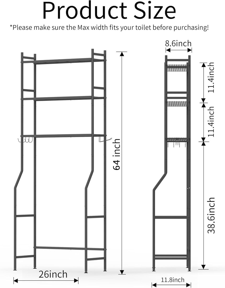 SnelShoppen - GloTika 3-laags Boven de Toiletopslag, Ruimtebesparende Metalen Badkamerplanken, Vrijstaand Boven het Toilet, Opbergplank met 4 Haken, Z