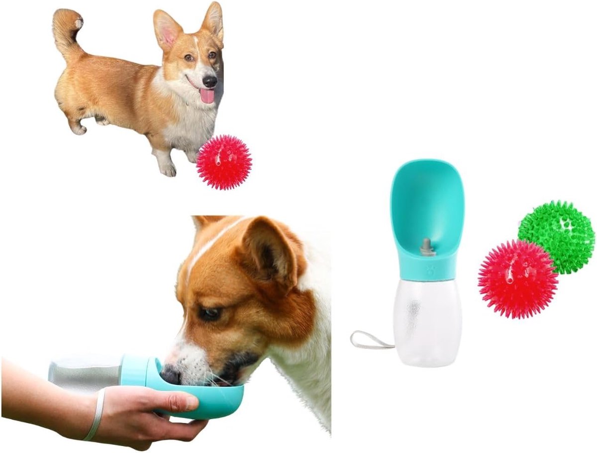 SnelShoppen - Dog Water Bottle 300ML + 2 Grote Squeeze Ballen (Groen & Rood) – Interactieve Hondenspeelset voor Buiten, Wandelen en Reizen