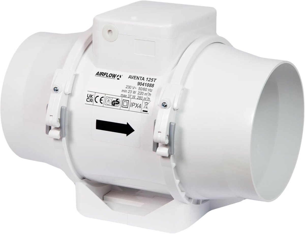 SnelShoppen - Airflow Aventa 125T Inline Afzuigventilator met Timer (2-30 min), 23 W, Laag Energieverbruik, Luchtstroom 61-78 L/s, 2 Snelheden voor 12