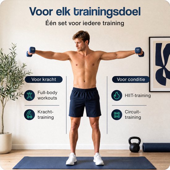 Man met donkerblauw trainingsshort en zonder shirt, staat op een yogamat met uitgestrekte armen en houdt dumbbells vast. Tekst over 'Voor kracht' en 'Voor conditie'.