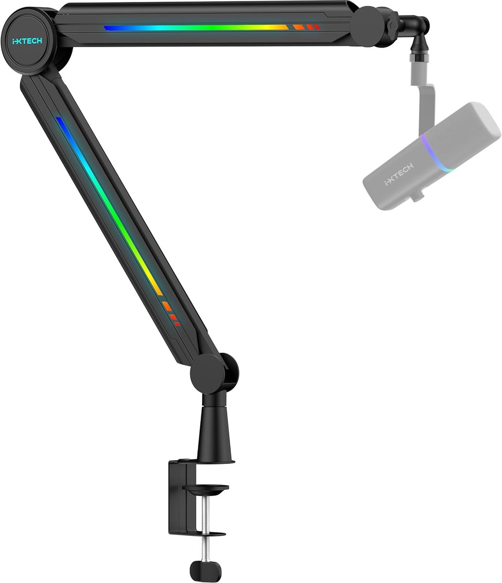 SnelShoppen - IXTECH RGB Microfoon Boom Arm Hoog Profiel - Verstelbare Microfoon Stand Desk Mount voor Live Streaming, Gaming, Podcasting en Opnames (