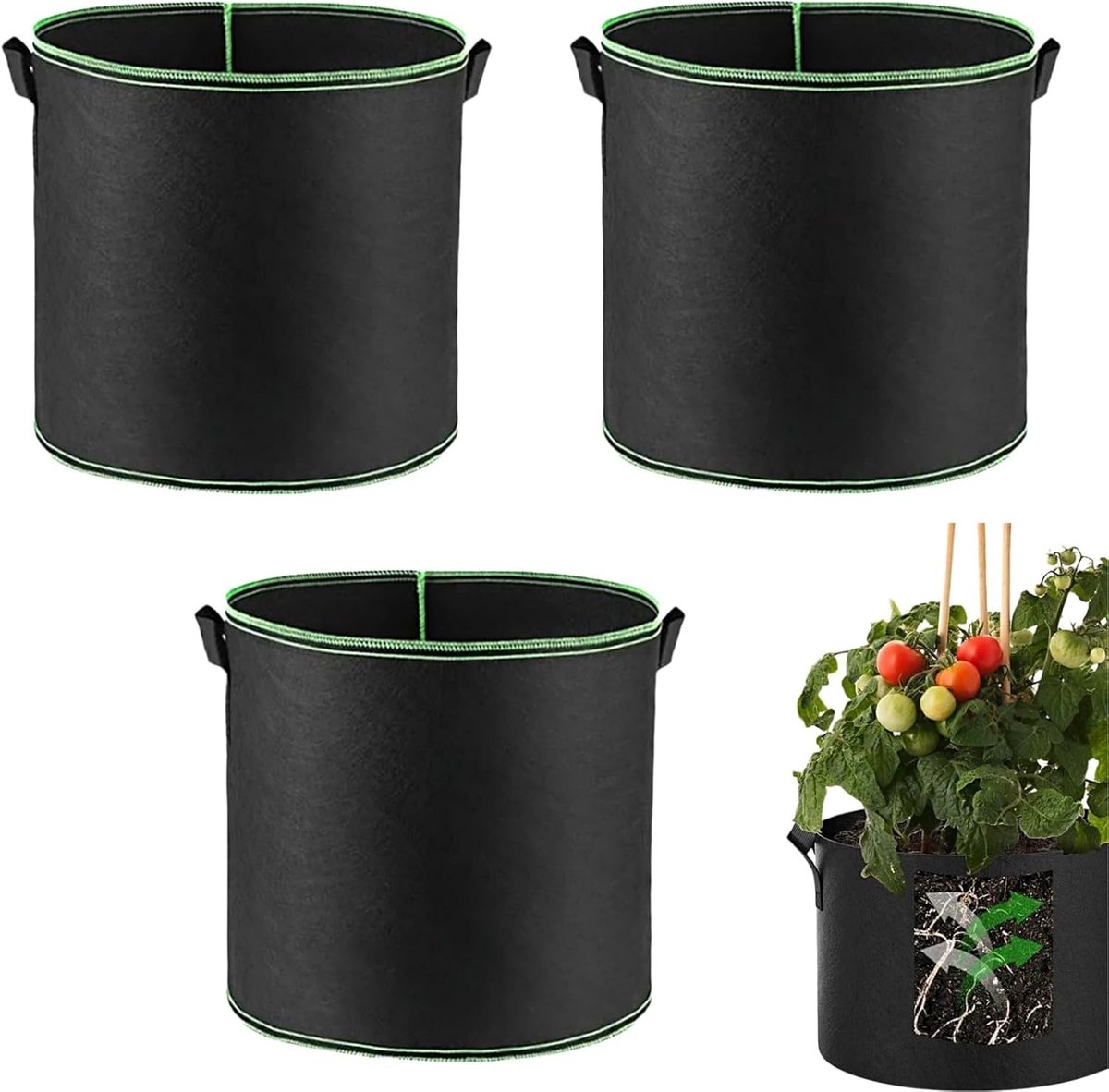 SnelShoppen - 3x Tokaneit Aardbei Groeien Tassen Zwart 24L Plantenzakken Non-Woven Stof met Handvaten voor Tuin, Bloemen, Groenten, Indoor Planten
