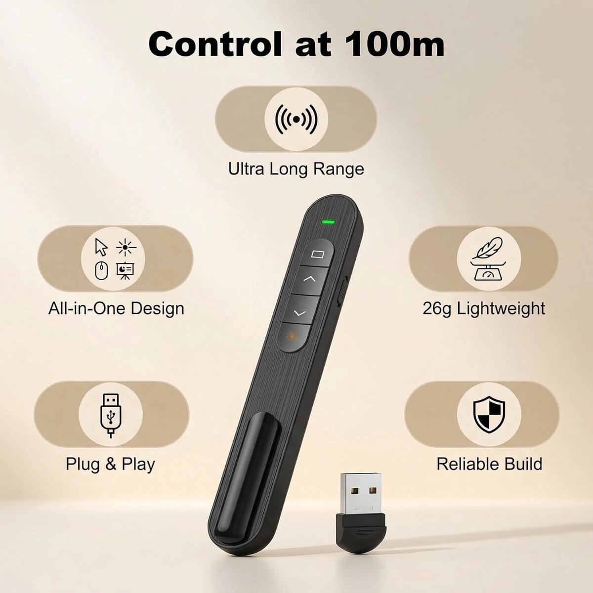 SnelShoppen - Draadloze Presentatie Controller - Ergonomisch Afstandsbediening voor PowerPoint, Keynote, Google Slides, PDF, Word - Plug&Play, Compati