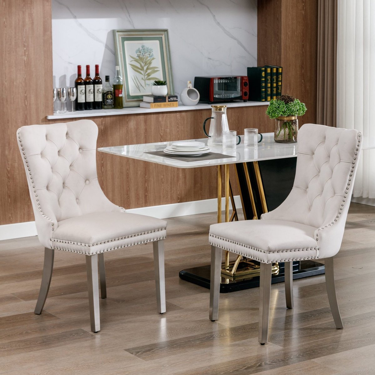 MEUNIQ Beige eetkamerstoel set van 2, velvet, hoge rugleuning, gecapitonneerde zitting en rugleuning, 95 cm, voor eetkamer en woonkamer
