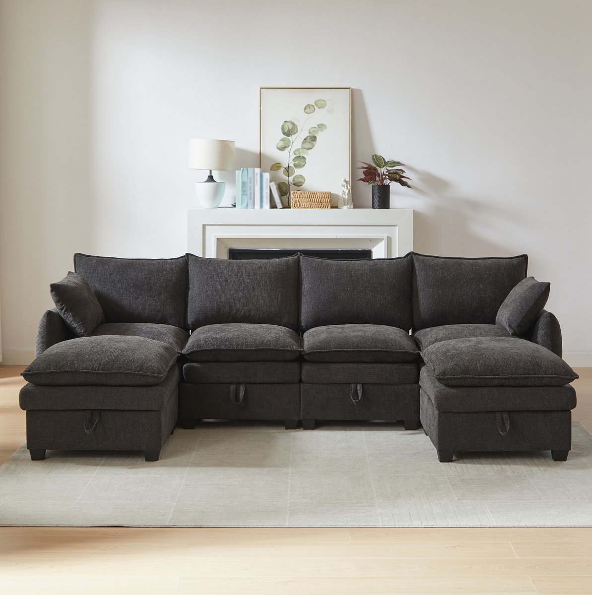 STILVORA U-Bank 281 x 147 cm - Modulaire Hoekbank Met Opbergruimte En Hockers - Voor Woonkamer En Kantoor - Chenille Grijs