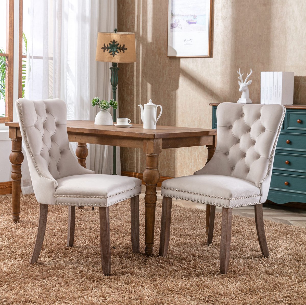 MEUNIQ Eetkamerstoelen set van 2, 95 cm, hoge rugleuning, gecapitonneerde velvet zitting, houten poten, beige voor eetkamer en woonkamer