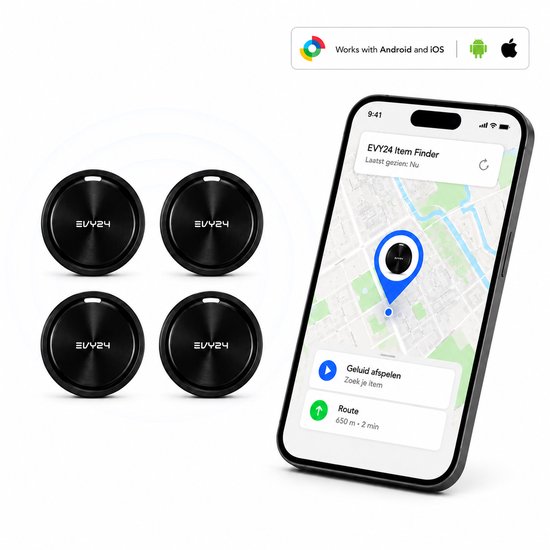 Vier zwarte Evy24 trackers naast een smartphone met kaartweergave, met icons voor Android & Apple.