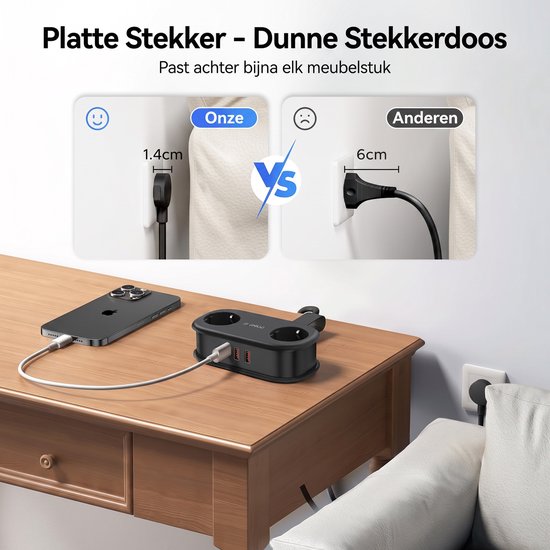 Zwarte stekkerdoos met platte stekker van 1,4 cm die achter meubels past, vergeleken met een dikke stekker van 6 cm.