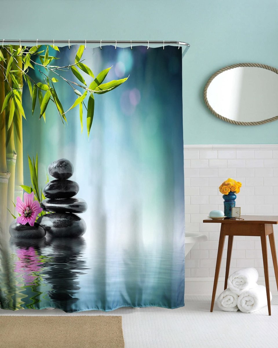 SnelShoppen - Douchegordijn Antischimmel Bloem Polyester Wit Zen Bamboe 150 x 180 cm Blauw - Perfect voor Badkamer, Douche en Wellness