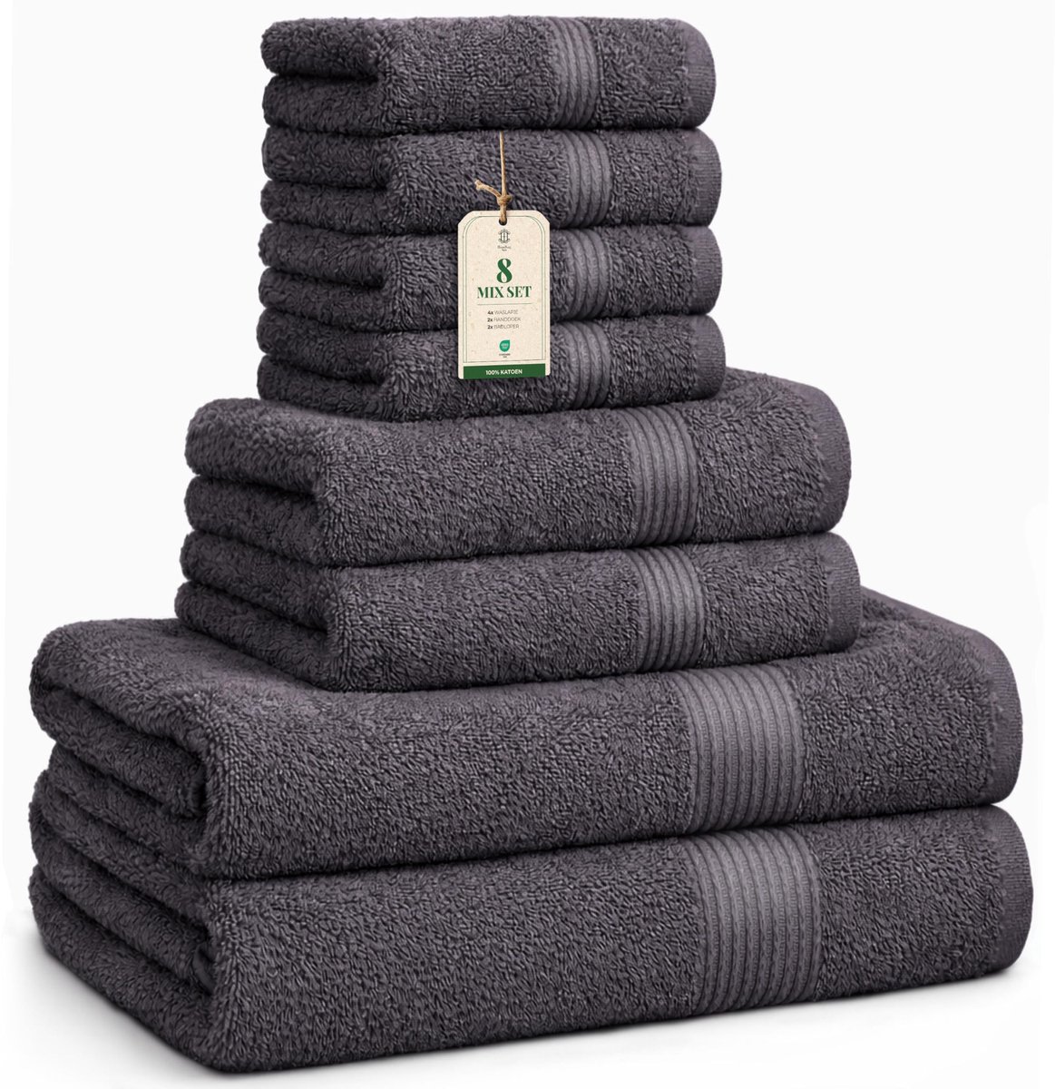 Thijox - Luxe Set Handdoeken 8 Stuks: Washandjes 30x30 cm, Handdoeken 40x70 cm, Badhanddoeken 65x137 cm - 100% Katoen, Zacht, Absorberend, Grijs voor