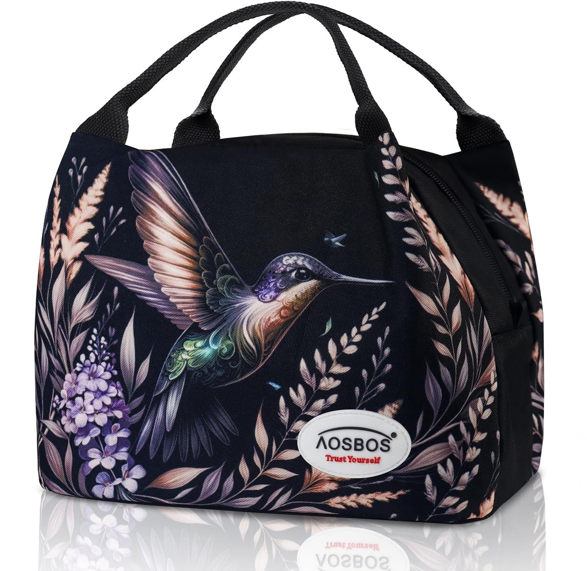 SnelShoppen - Koeltas voor Lunch 8,5L - Lunchtas voor Dames en Heren - Ideaal voor Werk, Kantoor, Picknick - Zwart met Etherisch Kolibrie Motief