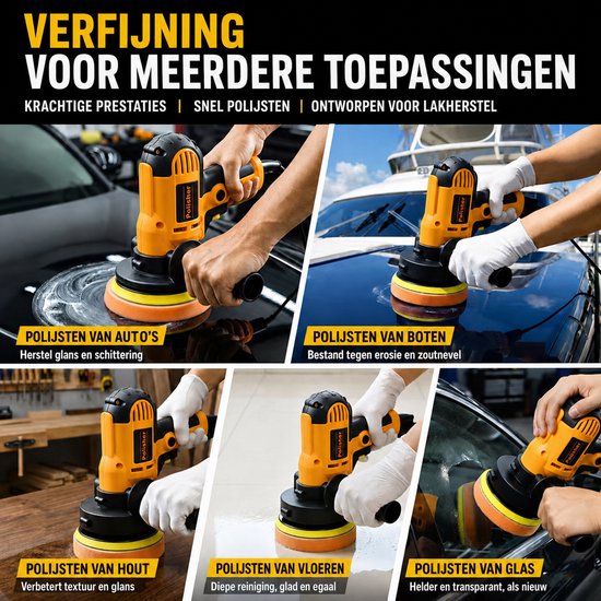 Gele polijstmachine in gebruik op auto's, boten, hout, vloeren en glas.