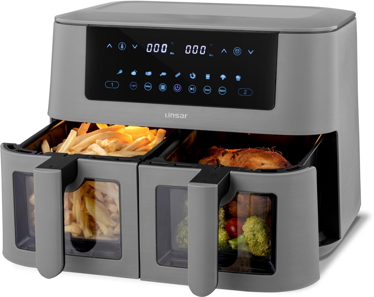 SnelShoppen Linsar Dual Zone Heteluchtfriteuse 8L Air Fryer met 2 Manden en Kijkvenster Touchscreen 9 Voorinstellingen 3000W voor Keuken en