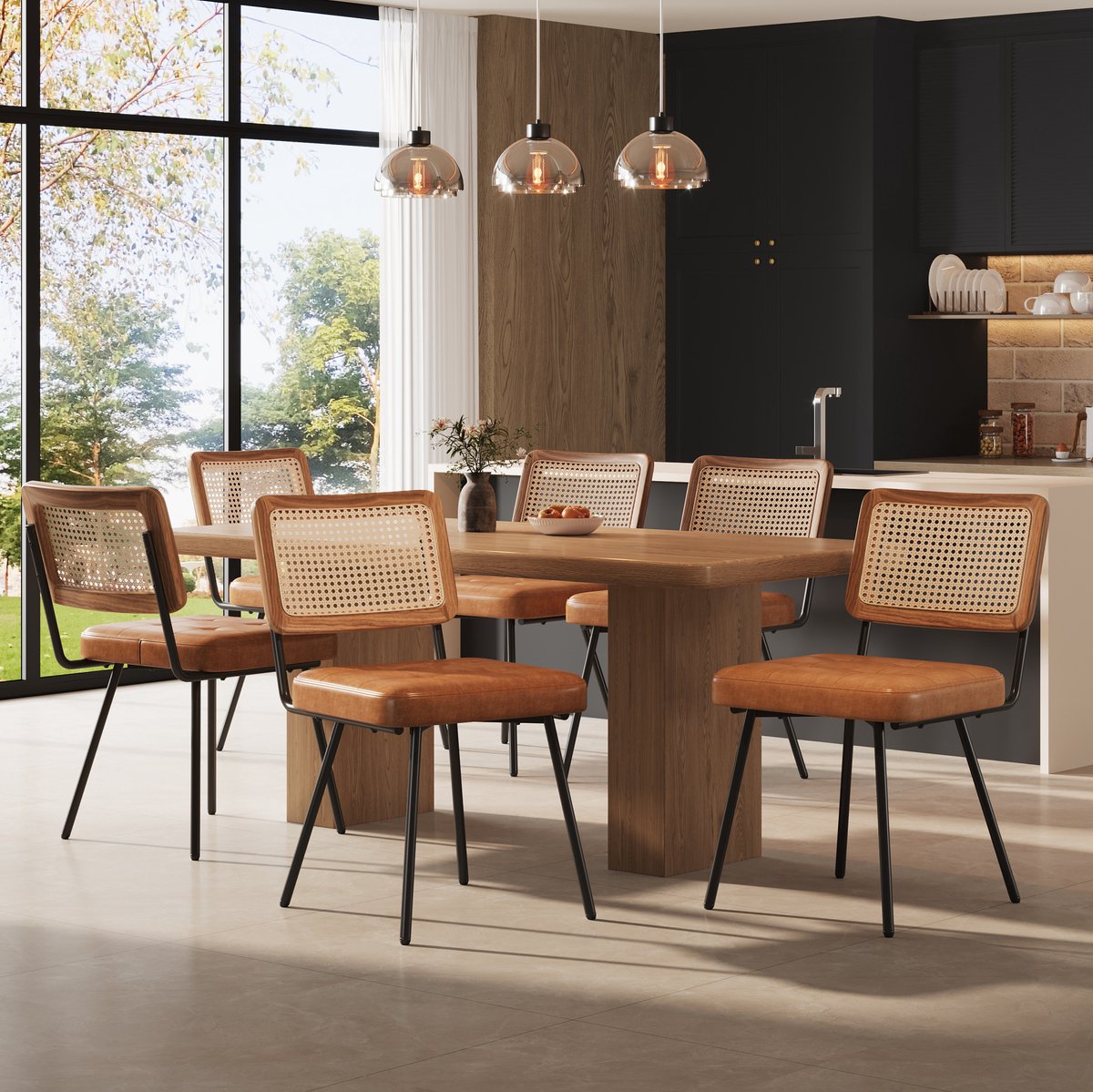 MEUNIQ eetkamerstoel set van 6 61 x 46 x 79 cm met PE-rotan rugleuning, kunstleren zitting, metalen onderstel, retro stoel voor eetkamer of woonkamer, bruin