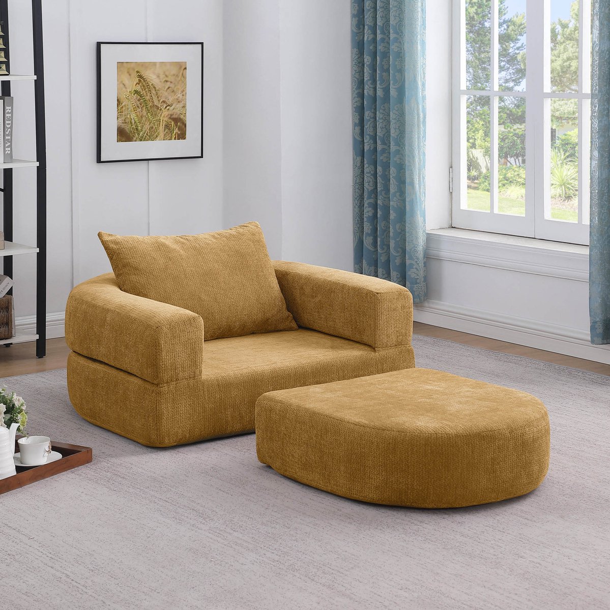 OKWISH Slaapbank 1-Zits - Opvouwbare Modulaire Bank Met Hocker En Verwijderbare Armleuningen - Woonkamer Of Slaapkamer - Stoffen Bekleding - Geel
