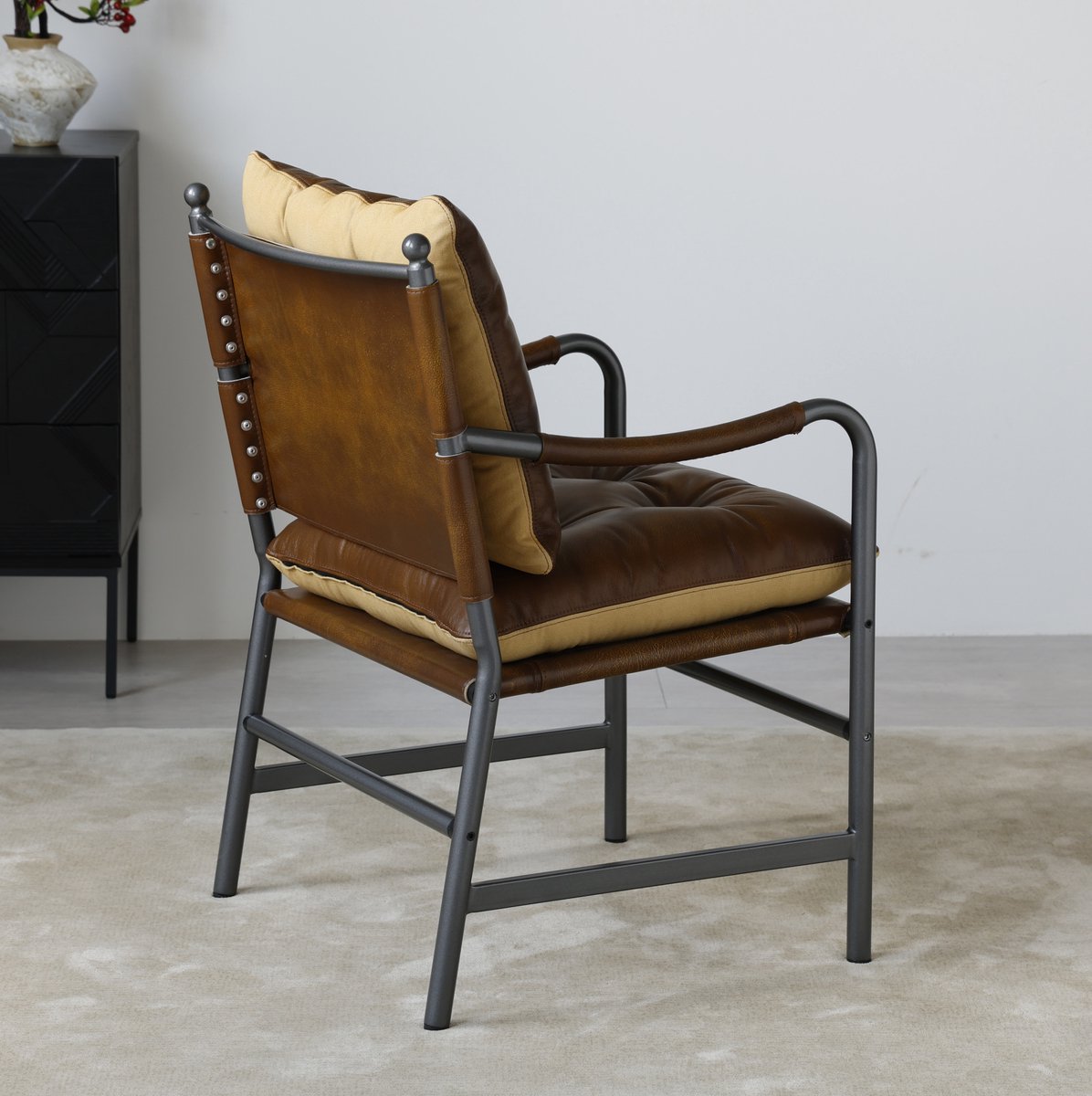 OKWISH Fauteuil – Middeneeuws Modern Design Met Armleuningen – Eenzits – Leer En Metaal – Retro – Bruin – Voor Woonkamer Of Kantoor