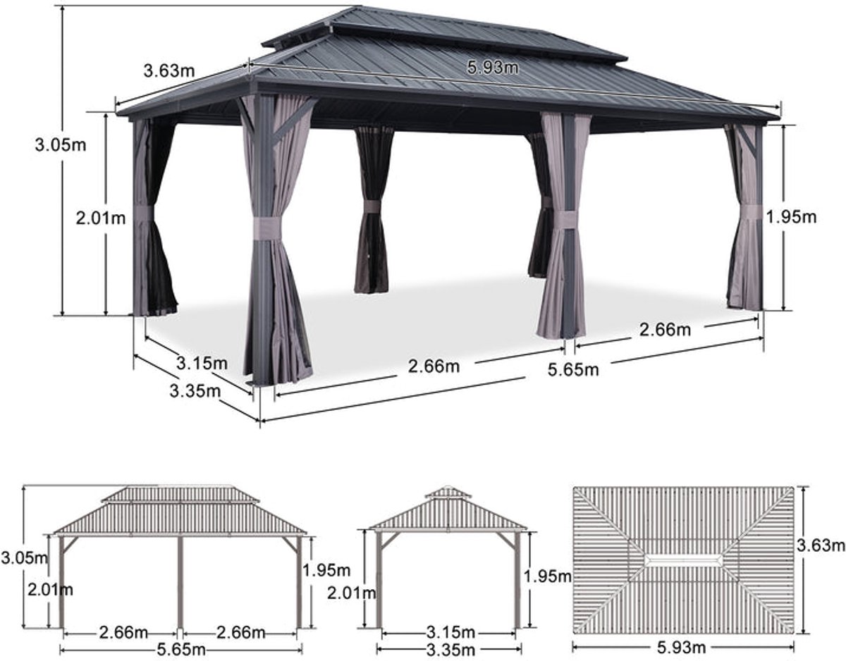 Purple Leaf Essential hardtop pavillon 6 x 3,65 m éclairage LED - gris