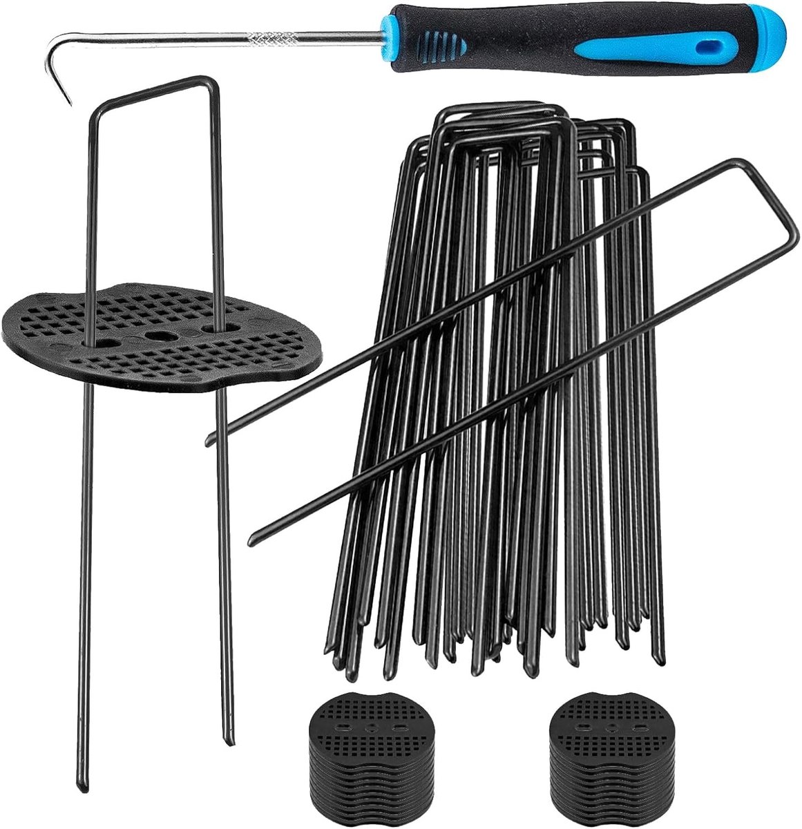 50 RVS U-vormige Onkruidbestrijdingspennen met 20 Bufferringen en 1 Houten Haak, Tuinlandschap Bevestigingsmaterialen, Kunstgras Pin Accessoires voor Effectieve Tuinondersteuning