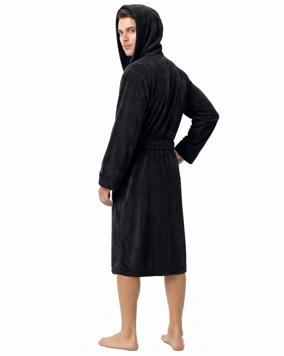 SnelShoppen - Badjas met Capuchon voor Heren, Zachte Fleece, XXL, Zwart, Perfect voor Thuis, Ontspanning, Nachtkleding en Badjassen