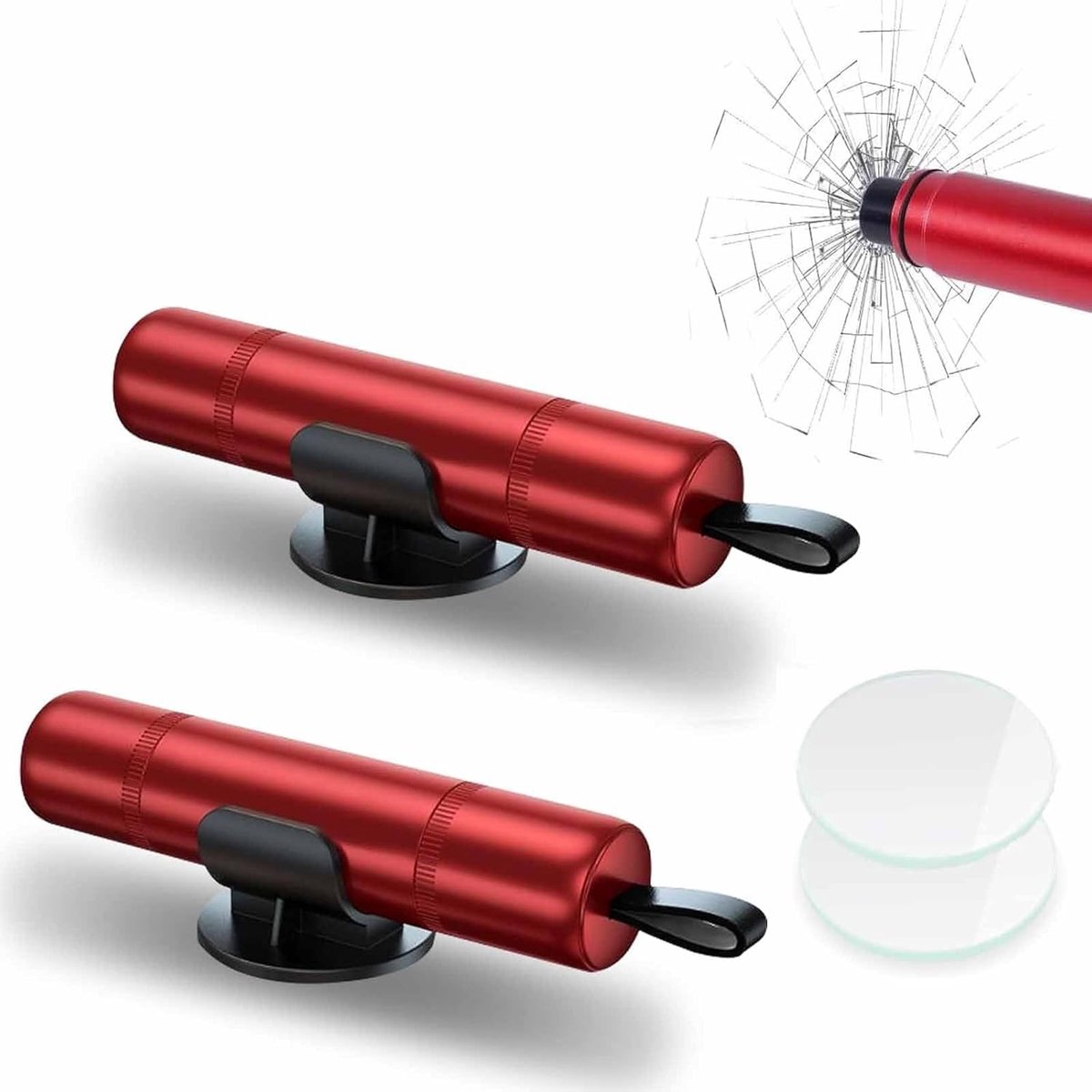 Ruitenbreker - 2 stuks - Auto Veiligheidshamer - Ruitenbreker - Auto Veiligheidshamer - Noodhamer - Auto Hamer - 2 in 1 Safety Hammer & Gordelsnijder - Inclusief Testglas & Zelfklevende Houder - Houder - Veiligheid - Rood