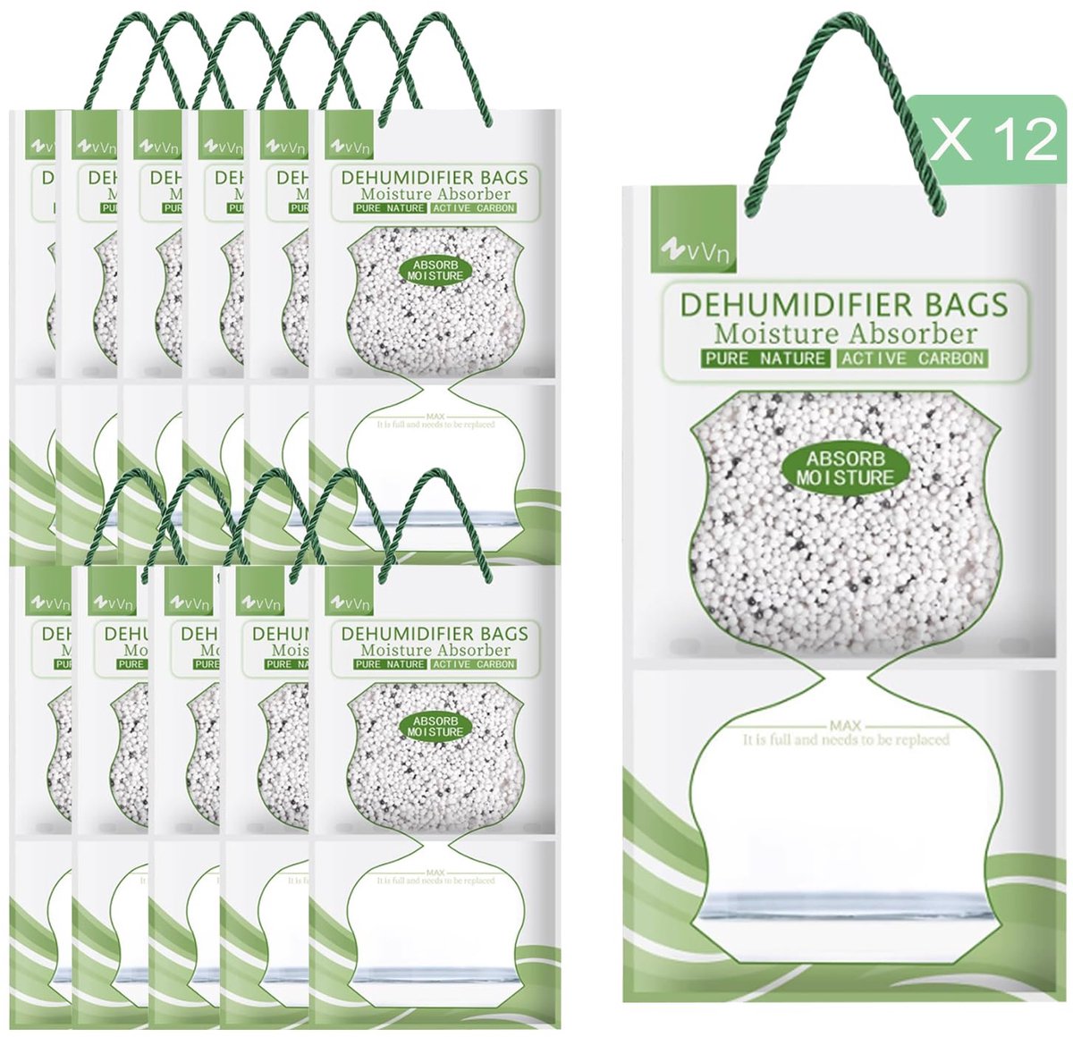 SnelShoppen - Luchtontvochtiger voor Kasten en Huizen, 12 Verpakkingen, 95 g x 500 ml, Anti-Schimmel, Deodoriserend, Vochtvanger Kristallen, Groen
