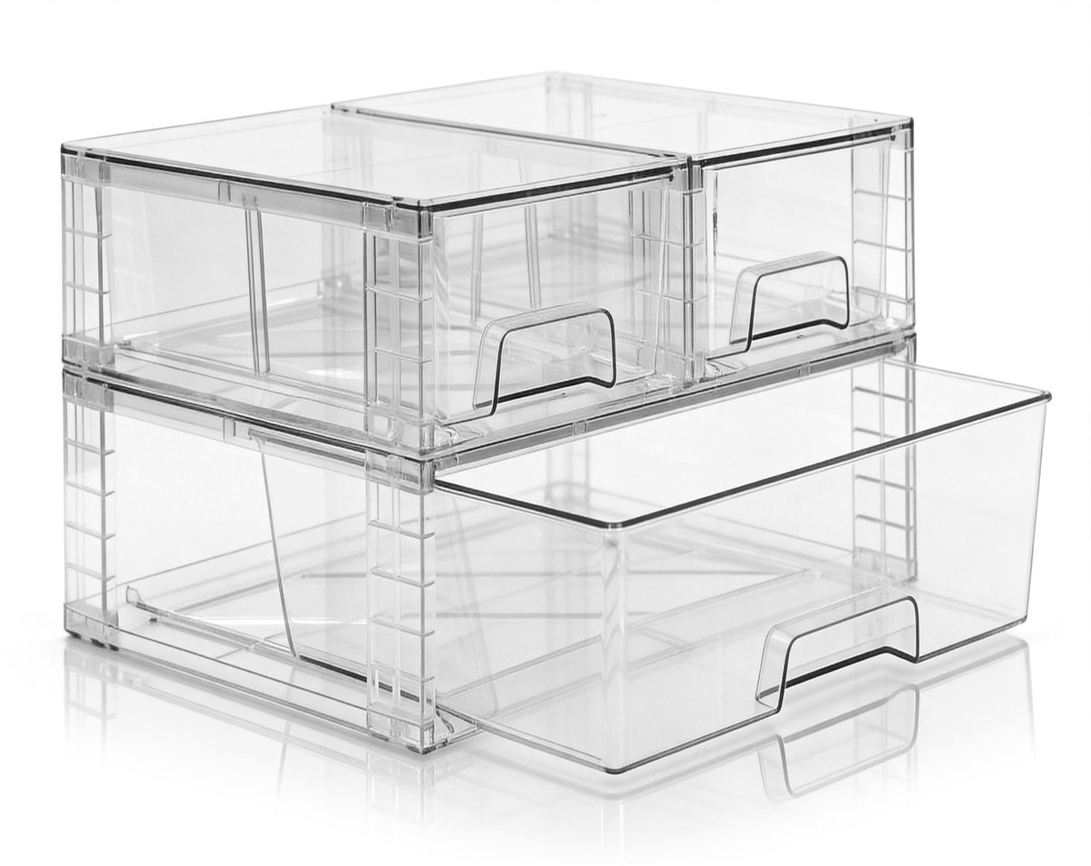 SnelShoppen - 3 Stuks Stapelbare Opberglades, Transparante Kunststof Organizer Bakken voor Badkamer, Kast, Onder Gootsteen, Voorraadkast en Medicijnop