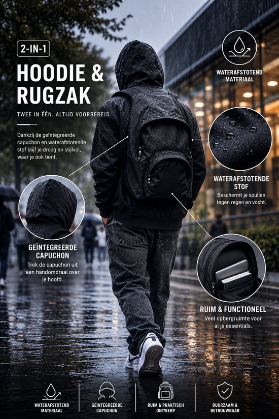 Man met zwarte 2-in-1 hoodie en rugzak, buiten in de regen. Waterafstotend materiaal.