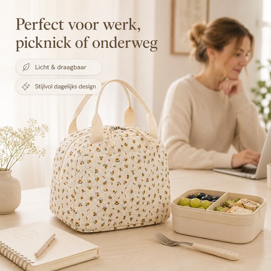 VHV - Lunchtas Dames van Ribfluweel - Geïsoleerde Koeltas met Brede Opening - Voor Kantoor en Onderweg - Wit van Vhv — afbeelding 5