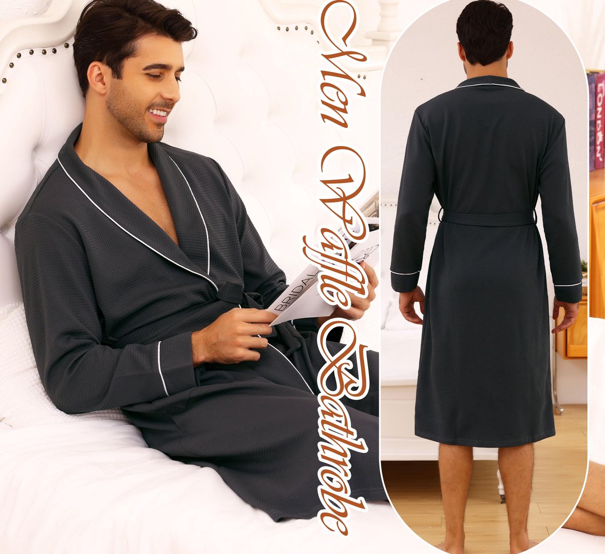 SnelShoppen - Lichtgewicht Heren Badjas van Katoenmix, Zachte Kimono Badjas met Zakken, Wafeltej voor Alle Seizoenen, Donkergrijs, Maat S-3XL