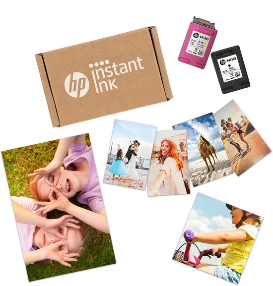 HP Instant Ink verpakking met cartridges en voorbeeldprints van kinderen, een bruidspaar en fietsende kinderen.