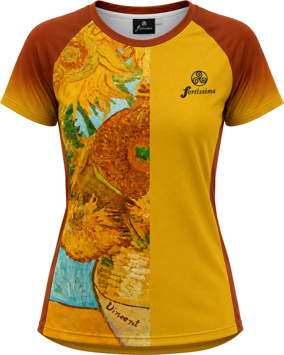 Fortissima Sportshirt Van Gogh Korte Mouwen - Sportkleding voor Dames - Hardloop Shirt - Bloemen - Zonnebloem - Maat 3XL