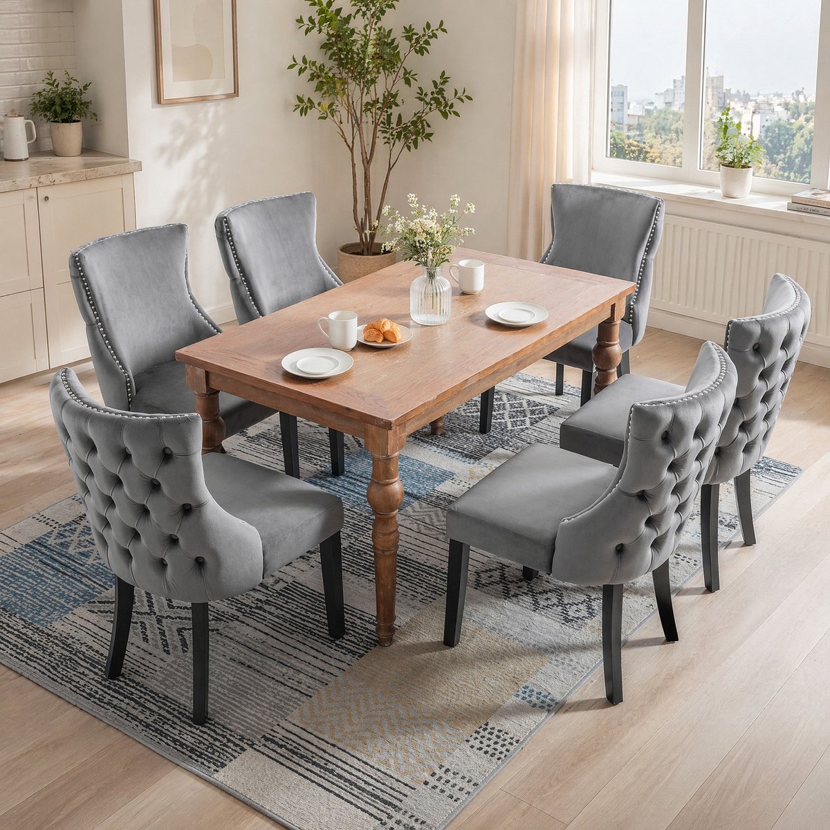 MEUNIQ eetkamerstoel set van 6 in grijs velvet met knopenrug, gevoerde zitting en rugleuning, houten 4-poots onderstel, voor eetkamer en woonkamer